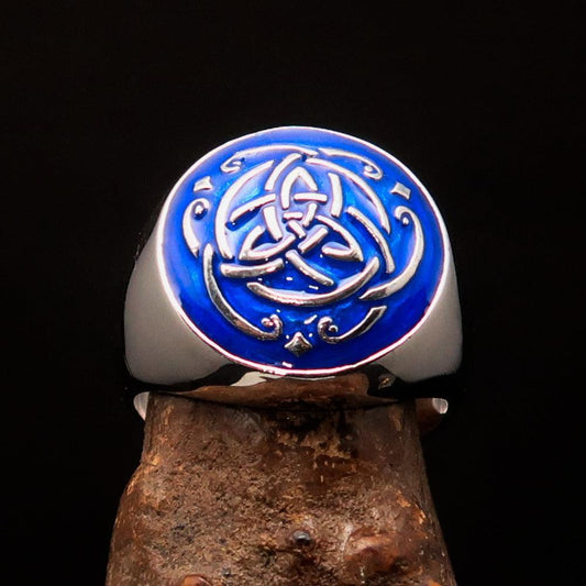 Excellent domed Men's Ring blue Celtic Triquetra Knot - Sterling Silver